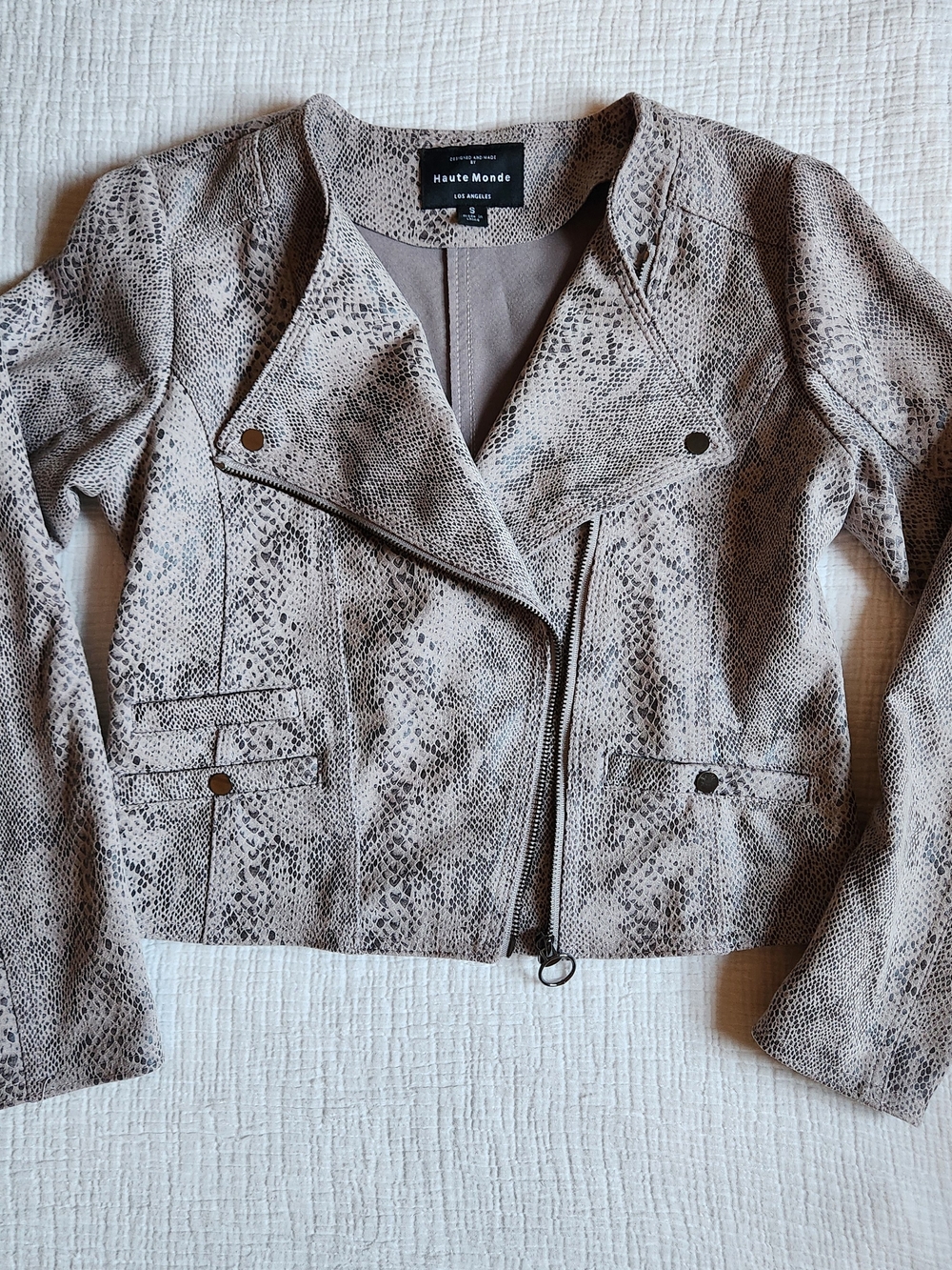 Haute Monde Women's Taupe Snake-Print Moto Jacket, Size S